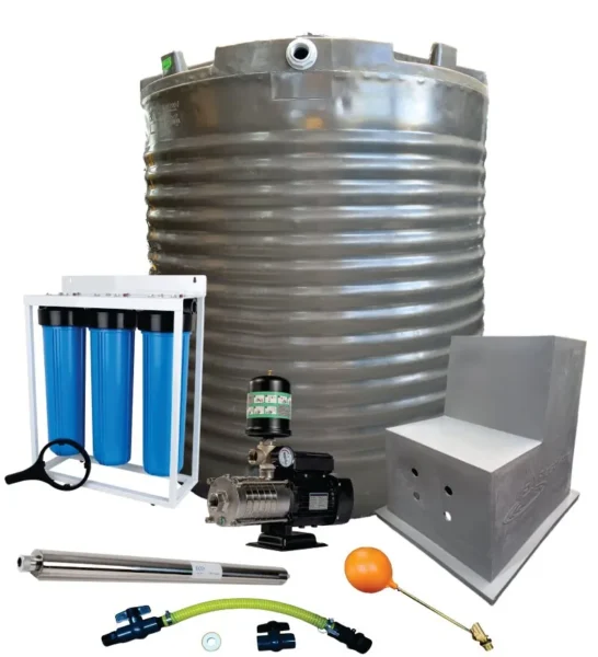 2,200 L water tank combo with 0.75 kW VSD Booster pump, filter and UV steriliser