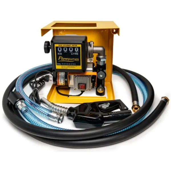 220V 60 L/min diesel pump kit in wall-mount case with flow meter, 4 m hose and auto-stop nozzle