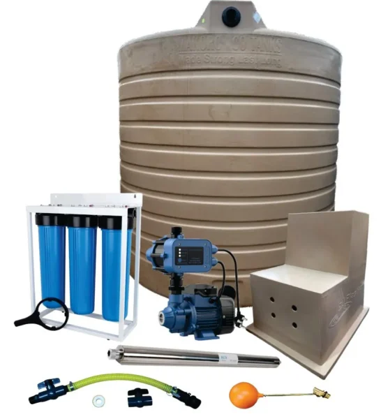 2,500 L water tank combo with 0.37 kW Econo pump, filter and UV steriliser