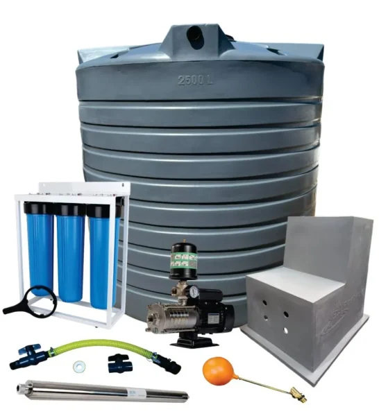 2,500 L water tank combo with 0.75 kW VSD Booster pump, filter and UV steriliser
