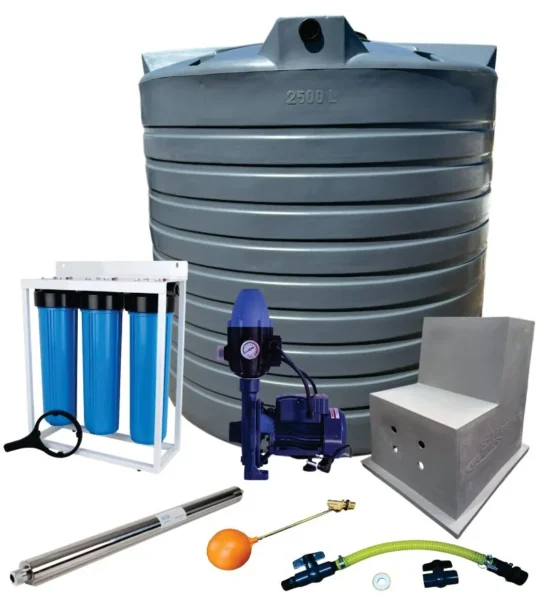 2,500 L water tank combo with 1.1 kW Monoblock pump, filter and UV steriliser