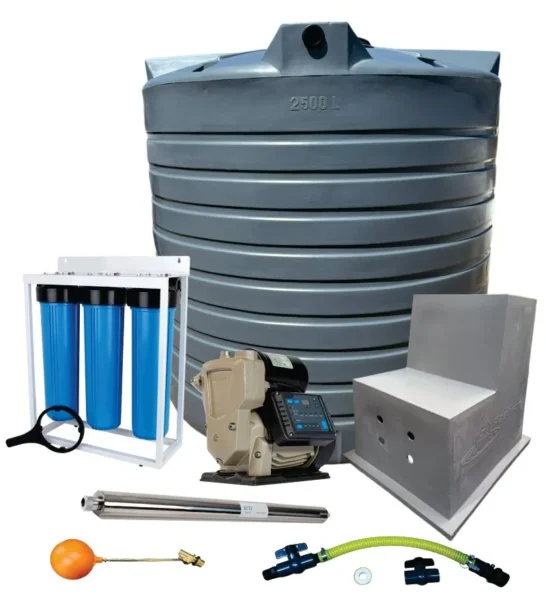 2,500 L water tank combo with 1.5 kW VSP VSD pump, filter and UV steriliser