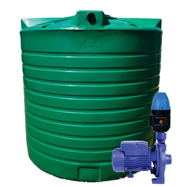 2500 L water tank with 1.1 kW monoblock pump and controller, 125 L/min