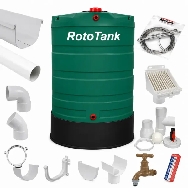 2500 L water tank on plastic ring stand with gutter kit combo
