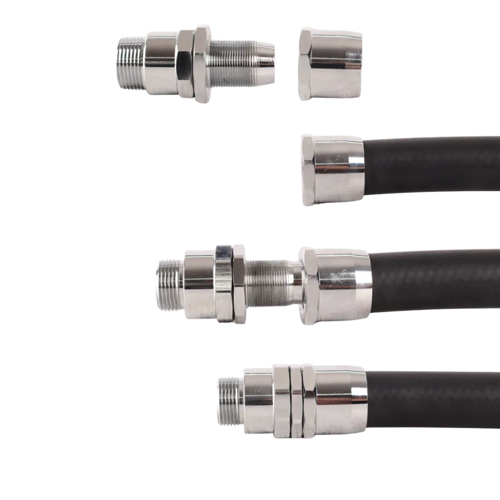 3/4" NPT Reusable Hose Fitting, Non-Swivel, Chrome-Plated Brass 3/4 inch NPT non-swivel reusable fuel hose fitting in chrome-plated brass