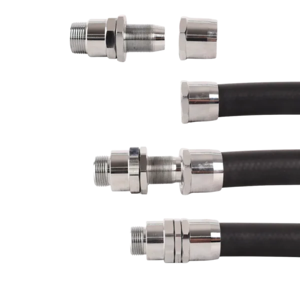 3/4 inch NPT swivel reusable fuel hose fitting in chrome-plated brass