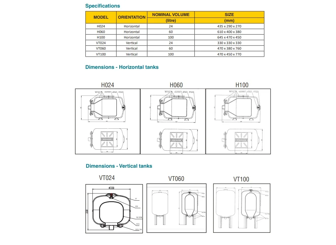 36 L Pressure Tank, Vertical or Horizontal, 8 Bar, 1" Port 36 L bladder pressure tank with 1 inch connection for booster pumps