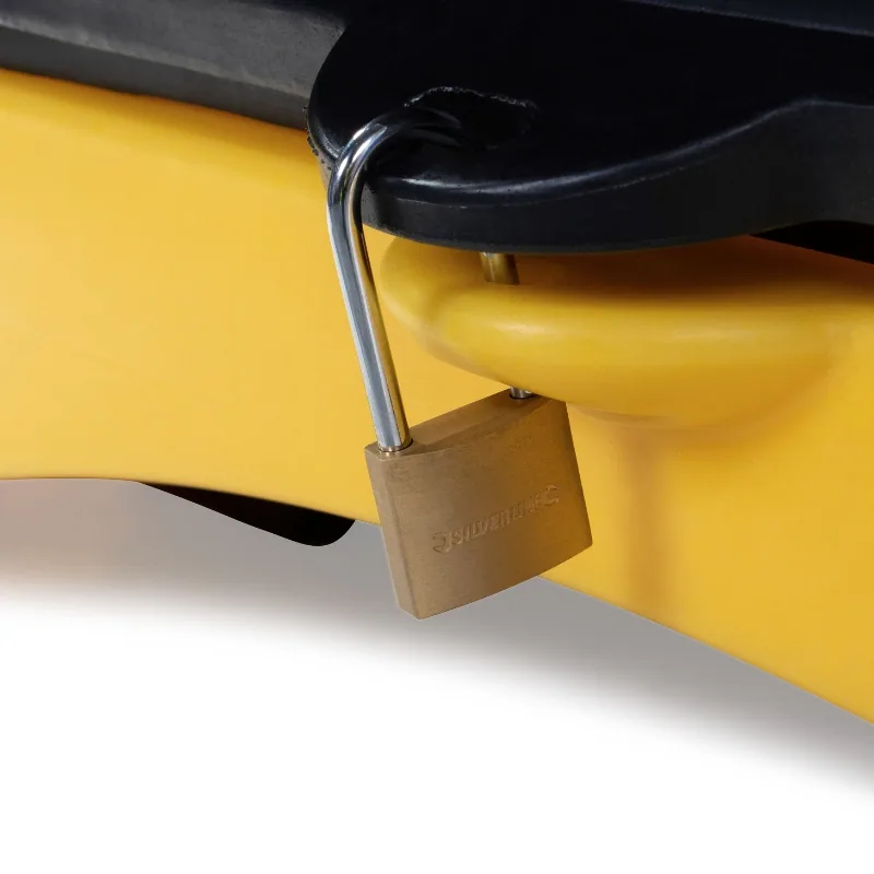4-Drum Spill Pallet Bund with Lockable Hardcover and Roller Door Lockable 4-drum spill pallet bund with door open showing drum positions