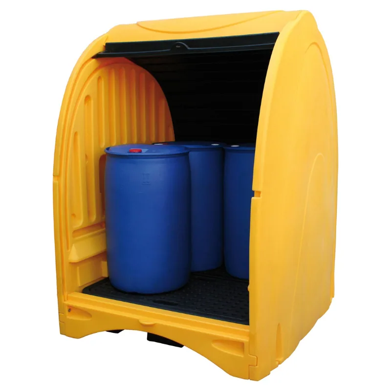 4-Drum Spill Pallet Bund with Lockable Hardcover and Roller Door Yellow 4-drum spill bund with lockable hardcover and roller door