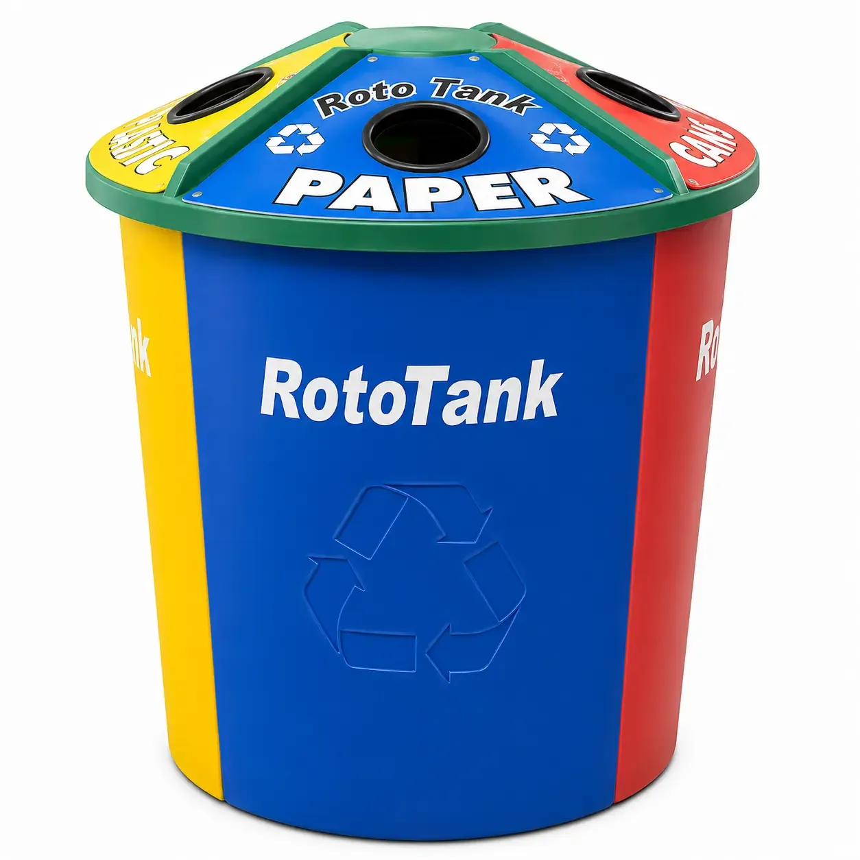 400 L Recycling Bin Cluster, 4 x 100 L Colour-Coded Compartments 400 L recycling bin cluster with four colour-coded 100 L compartments, LLDPE