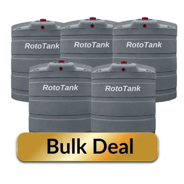Five 5000 L vertical LLDPE water tanks, 1800 mm diameter x 2150 mm high