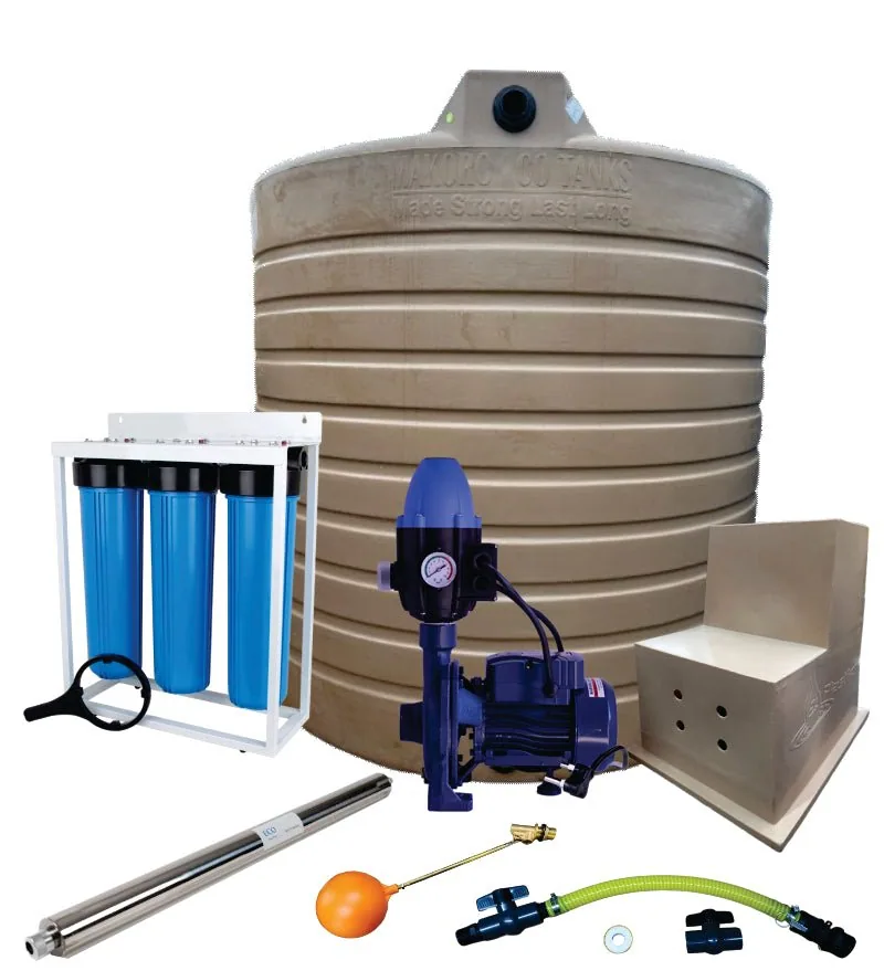 5,000 L Tank Combo, 0.55 kW Monoblock Pump (92 L/min), Filter and UV 5,000 L water tank combo with 0.55 kW Monoblock pump: pump house, filter housings and pipework
