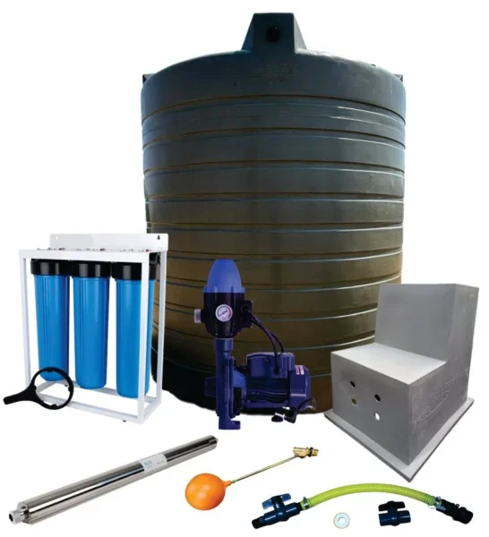5,000 L water tank combo with 0.55 kW Monoblock pump, filter and UV steriliser