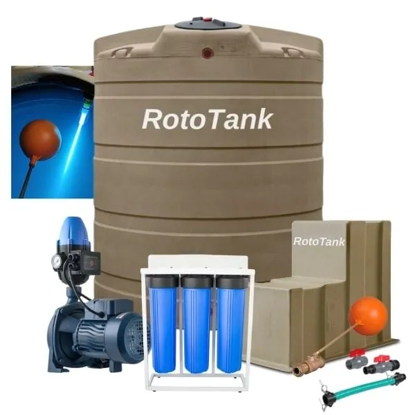 5000 L vertical water tank combo with 1.1 kW booster pump, UV light and triple 20-inch filter
