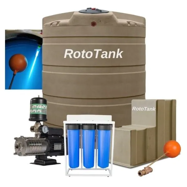 5000 L Tank Combo, HMS1500 1.5 kW Steel VSD Pump, UV and Filters HMS1500 1.5 kW variable-speed steel pump, 133.3 L/min, under cover beside a 5000 L tank