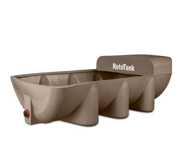 500 L tan LLDPE livestock water trough, 1700 mm long, with float valve