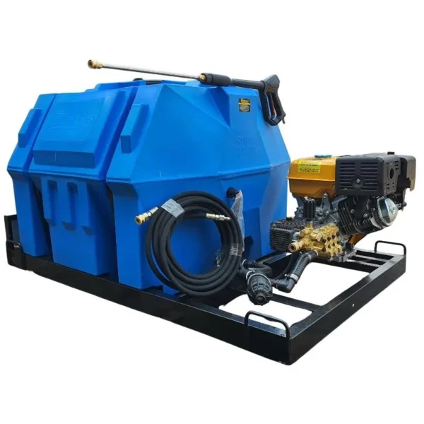 500 L 13HP Petrol 248 bar pressure washer on skid, front view