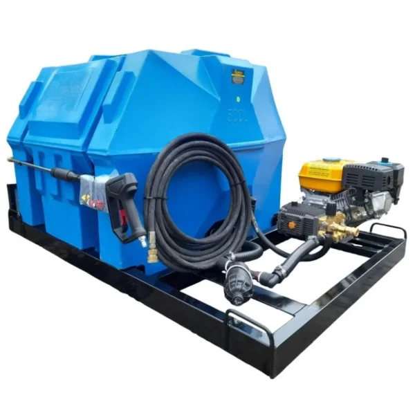 500 L 6.5HP Petrol 186 bar pressure washer on skid, front view