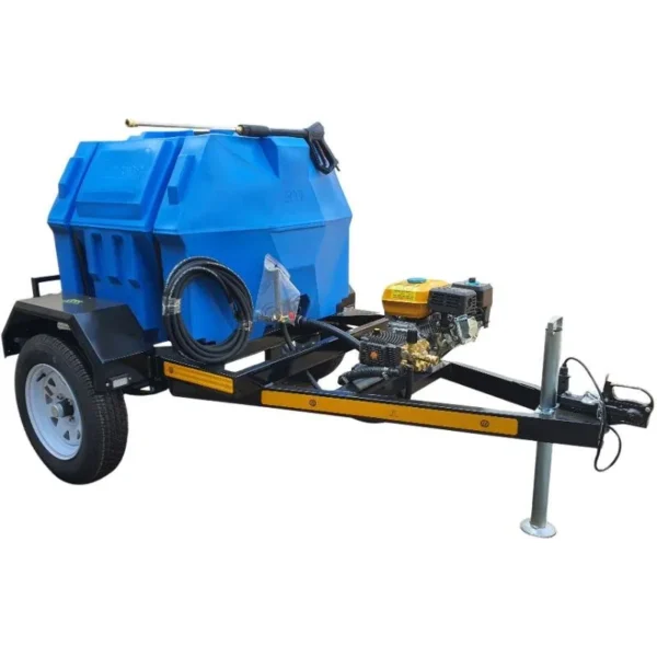 500 L 6.5HP Petrol 186 bar pressure washer trailer, front view