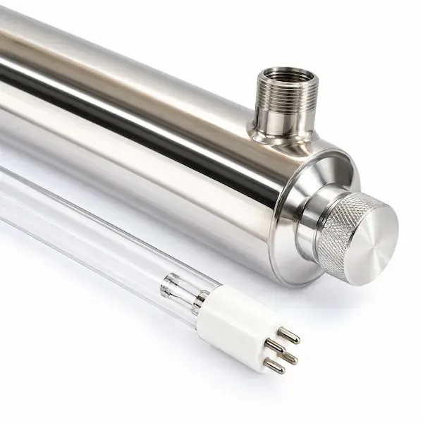 55 W In-Line UV Water Sterilizer, Stainless Steel, 2,720 L/h UV chamber end fittings and quartz sleeve