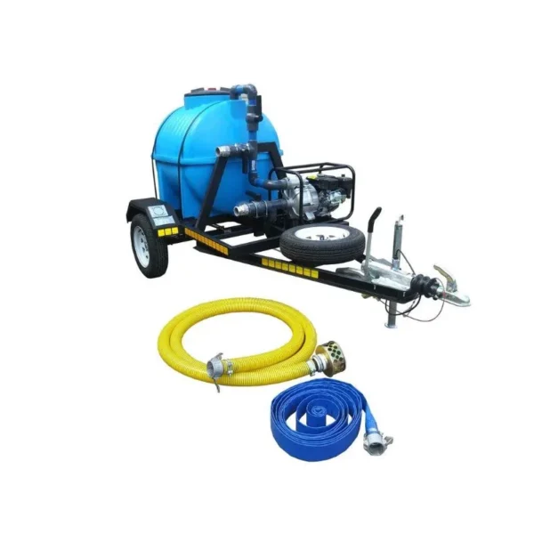 650 L horizontal honey sucker trailer on braked single axle with 6.5 HP petrol trash pump and hoses