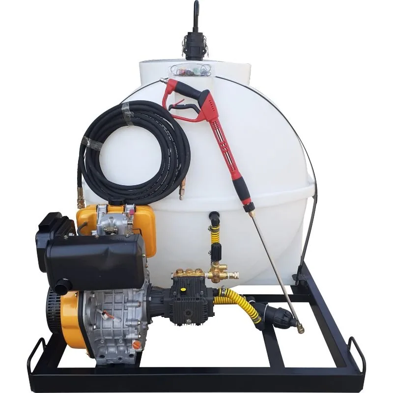 650 L Mobile Pressure Washer, 10HP Diesel, 240 Bar 650 L 10HP Diesel 240 bar pressure washer on skid, close-up of pump and hose