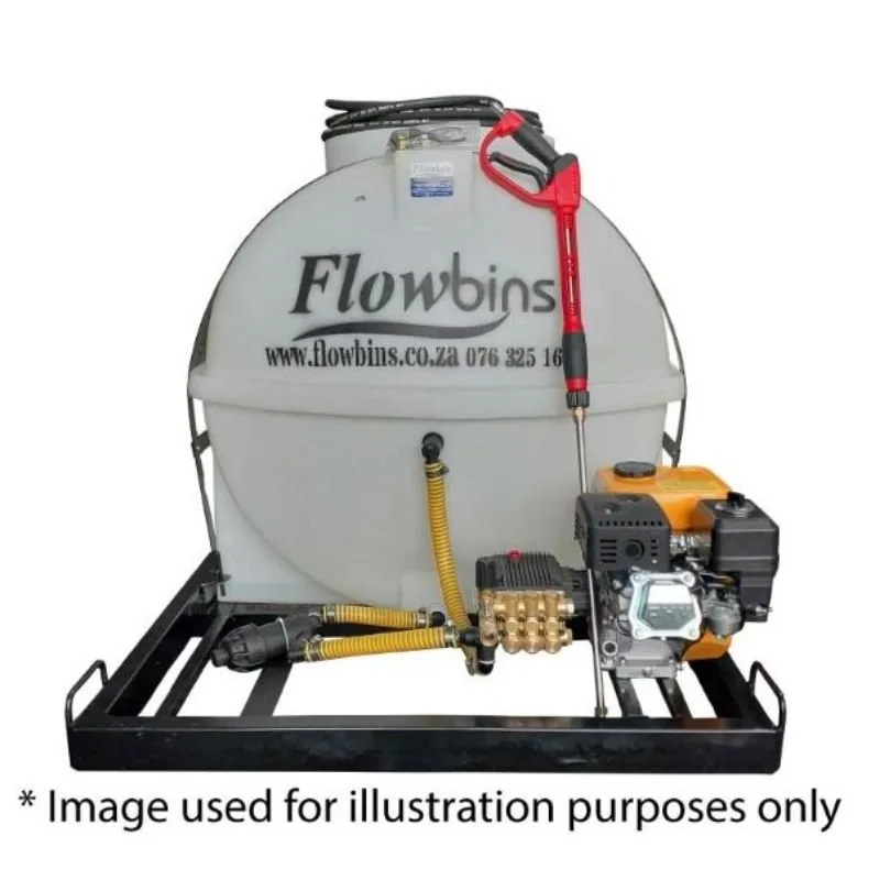 650 L Mobile Pressure Washer, 13HP Petrol, 248 Bar 650 L 13HP Petrol 248 bar pressure washer on skid, close-up of pump and hose