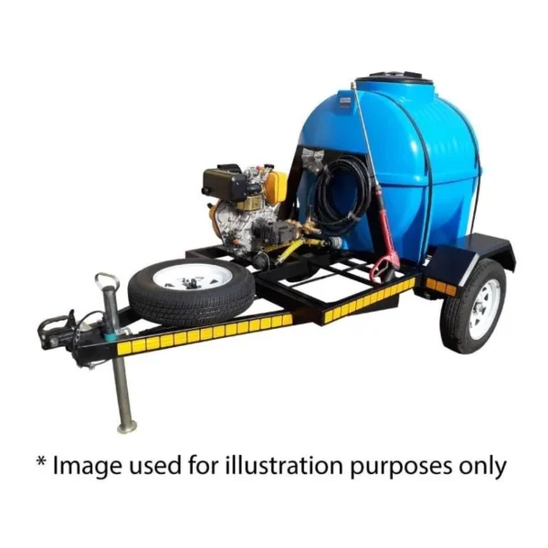650 L 13HP Petrol 248 bar pressure washer trailer, front view