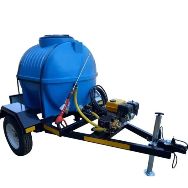 650 L 6.5HP Petrol 186 bar pressure washer trailer, front view