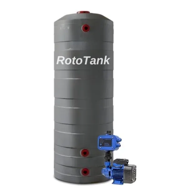 800 L Garden Tank Combo with 0.37 kW QB60 Pump and Tap 800 L slimline vertical water tank with leaf catcher and two 40 mm base outlets