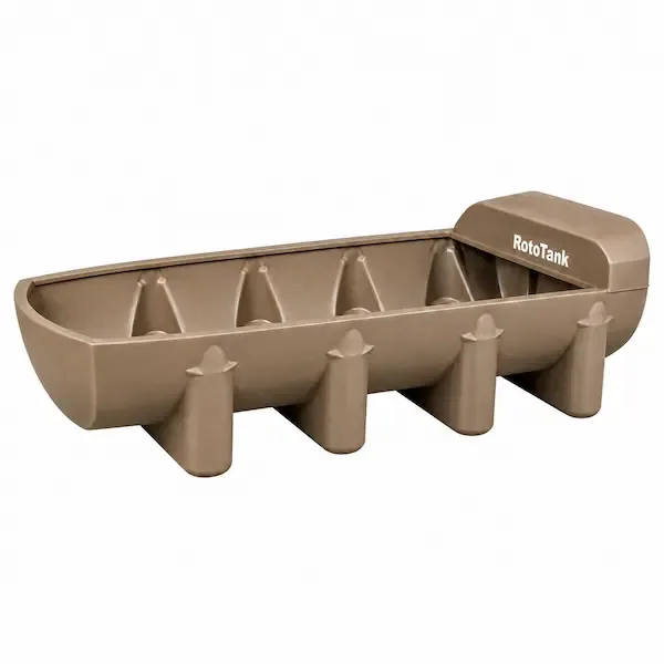 800 L tan LLDPE livestock water trough, 2400 mm long, with float valve