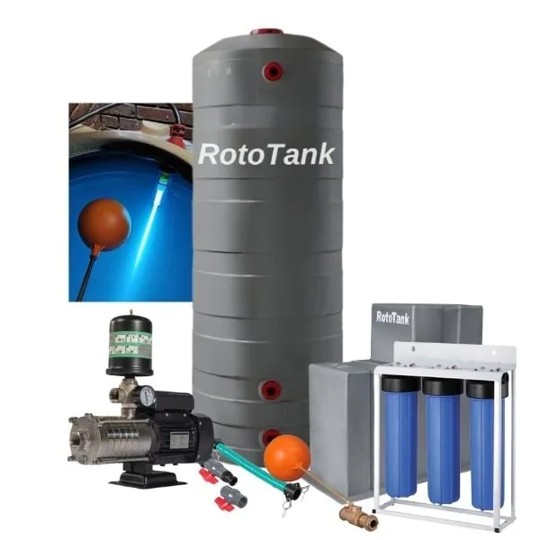 800 L Tank Combo, HMS750 0.75 kW Steel VSD Pump, UV and Filters HMS750 0.75 kW steel-body variable-speed pump under large cover beside an 800 L tank