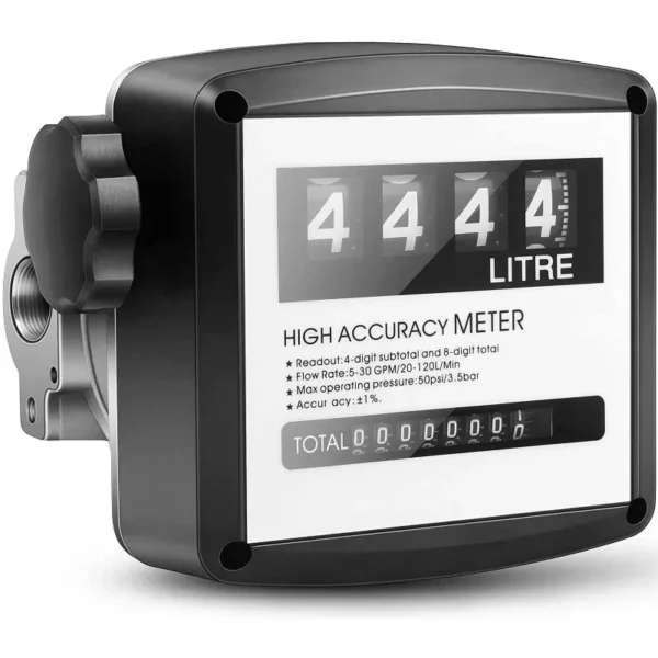 Aluminium 4-digit mechanical diesel flow meter with 1 inch BSP ports, 30 to 120 L/min