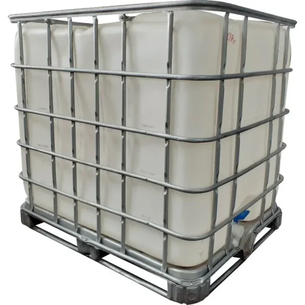 As-new 1000 L chemical-grade IBC tank C185, white HDPE bottle in a steel cage on a pallet
