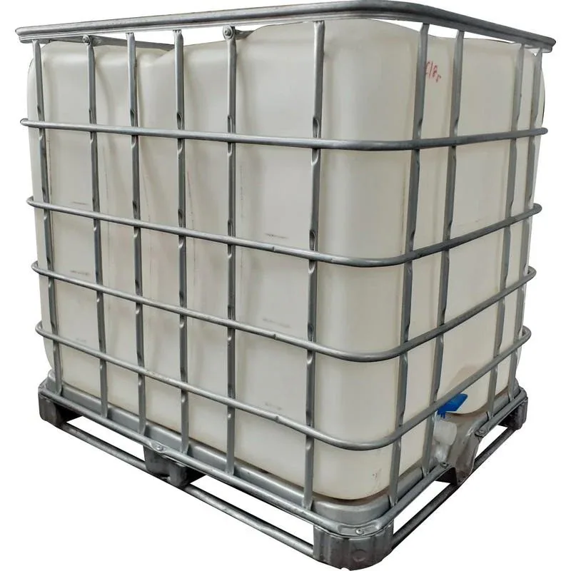 As-New 1000 L IBC Tank, Chemical Grade, Code C185 As-new 1000 L chemical-grade IBC tank C185, white HDPE bottle in a steel cage on a pallet