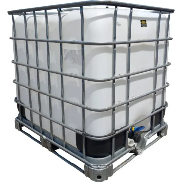 As-new 1000 L food-grade IBC tank FG185 with steel cage and bottom outlet valve
