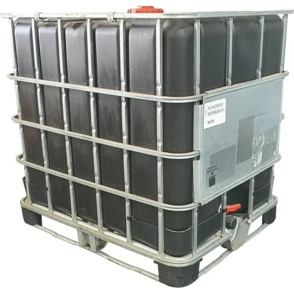 Black as-new 1000 L chemical-grade IBC tank C185B in a steel cage on a pallet