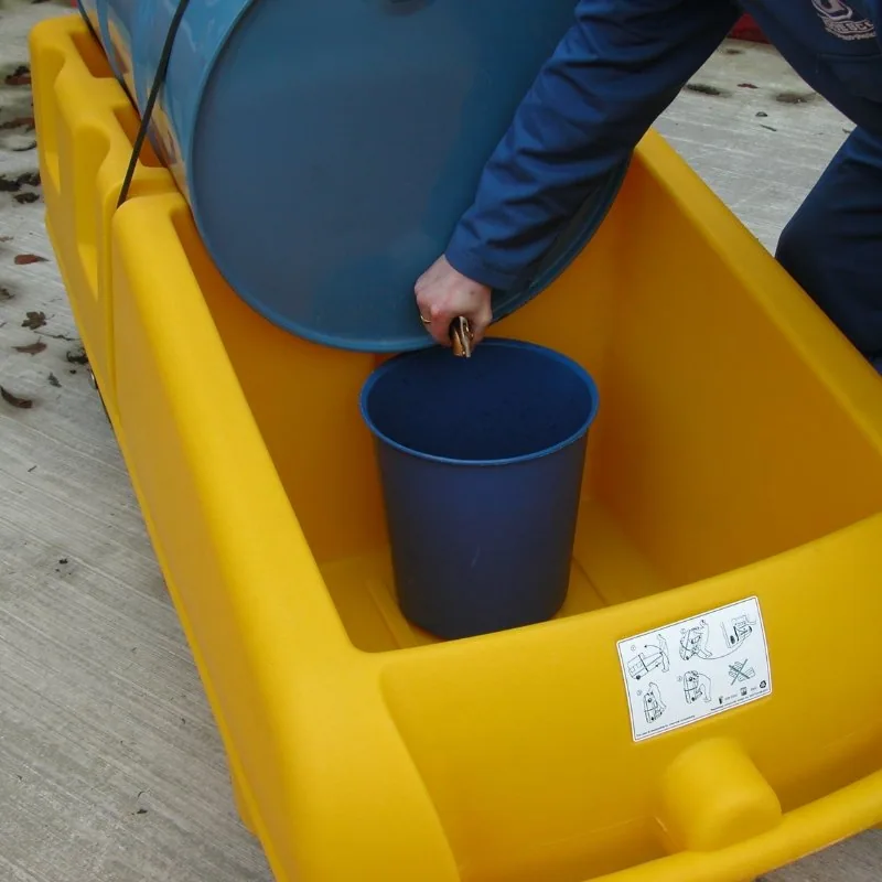 Bunded Drum Trolley for 210 L Drums, 250 L Spill Capacity Drum trolley ratchet strap holding a 210 L drum