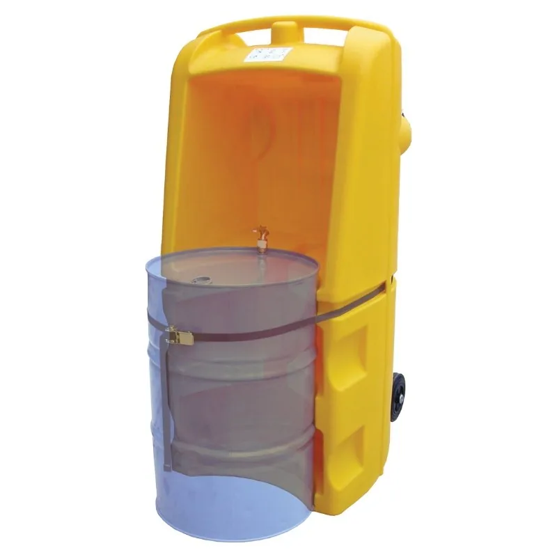 Bunded Drum Trolley for 210 L Drums, 250 L Spill Capacity Bunded polyethylene drum trolley showing foot recess for tipping