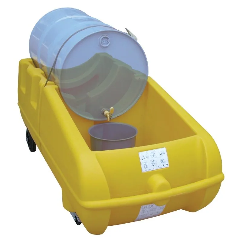 Bunded Drum Trolley for 210 L Drums, 250 L Spill Capacity Yellow bunded drum trolley carrying a 210 L drum