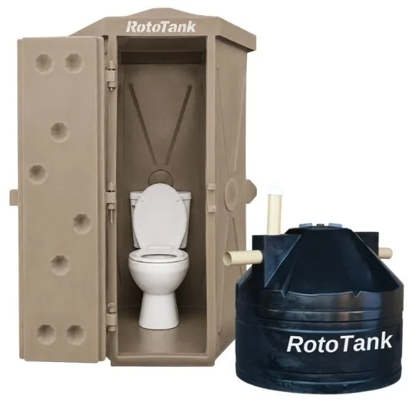 Green outdoor toilet unit combo with 1750 L septic tank and ceramic toilet