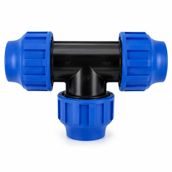 Polypropylene compression equal tee PN16 for 20 to 50 mm HDPE pipe branch lines