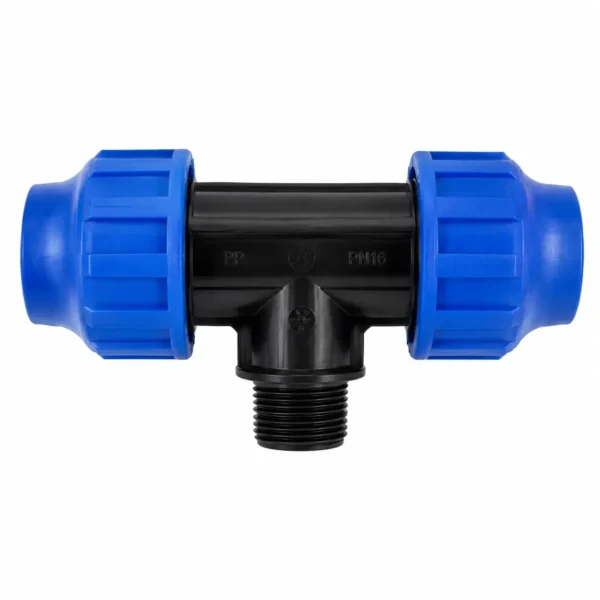 Compression male tee for HDPE pipe with two blue nuts and a male threaded branch, PN16