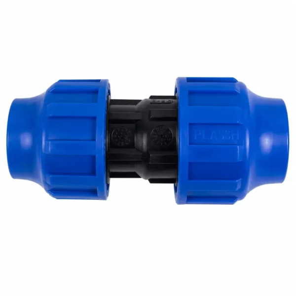 Compression reducing coupler for joining two HDPE pipe sizes, with blue nuts, PN16
