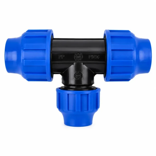 Compression reducing tee for HDPE pipe with three blue compression nuts and a reduced branch, PN16