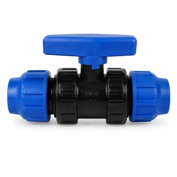 Compression single union ball valve for HDPE pipe with blue nut and handle, PN16