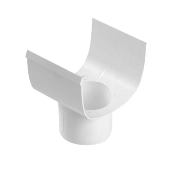 Tan PVC outlet connecting a D-shaped gutter to a downpipe