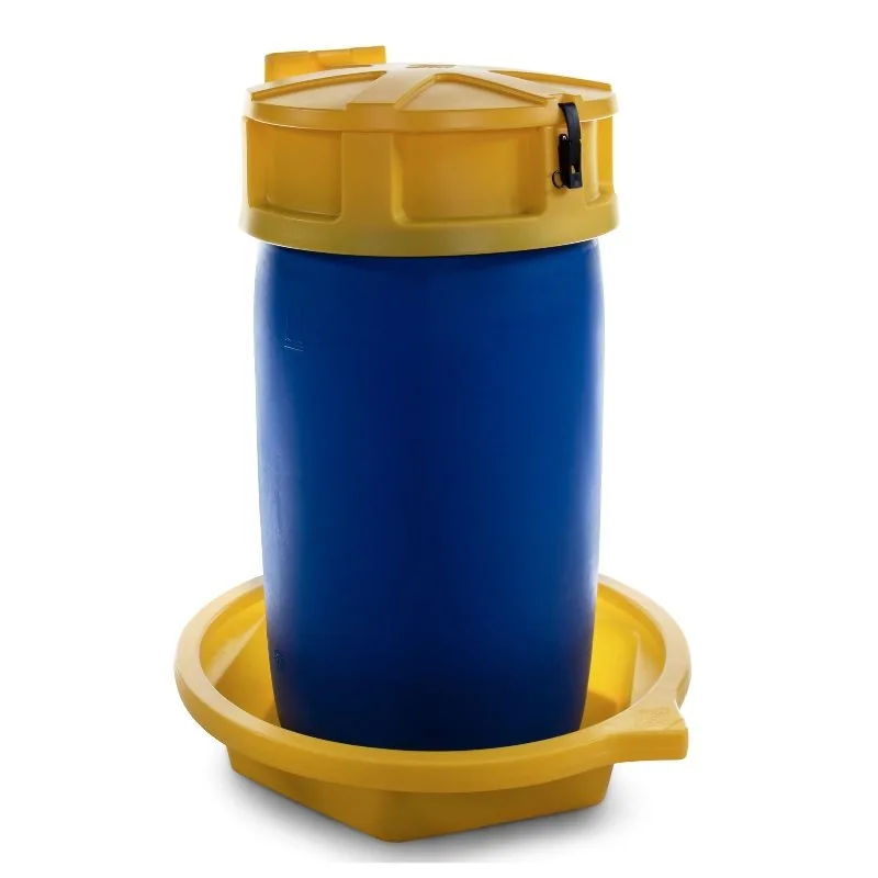 Yellow Drip Tray for One 210 L Drum, 960 × 960 mm Drip tray with raised ribs and spout holding a 210 L drum
