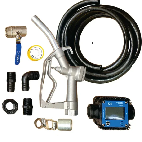 Gravity-feed diesel dispensing kit with K24 digital meter, brass ball valve, 25 mm hose and nozzle