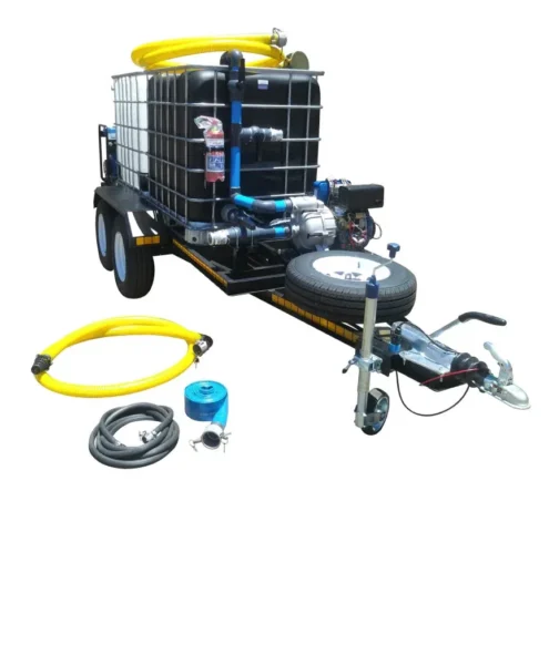 Double-axle braked trailer with 1000 L honey sucker IBC and 1000 L water bowser IBC, diesel pumps and hoses